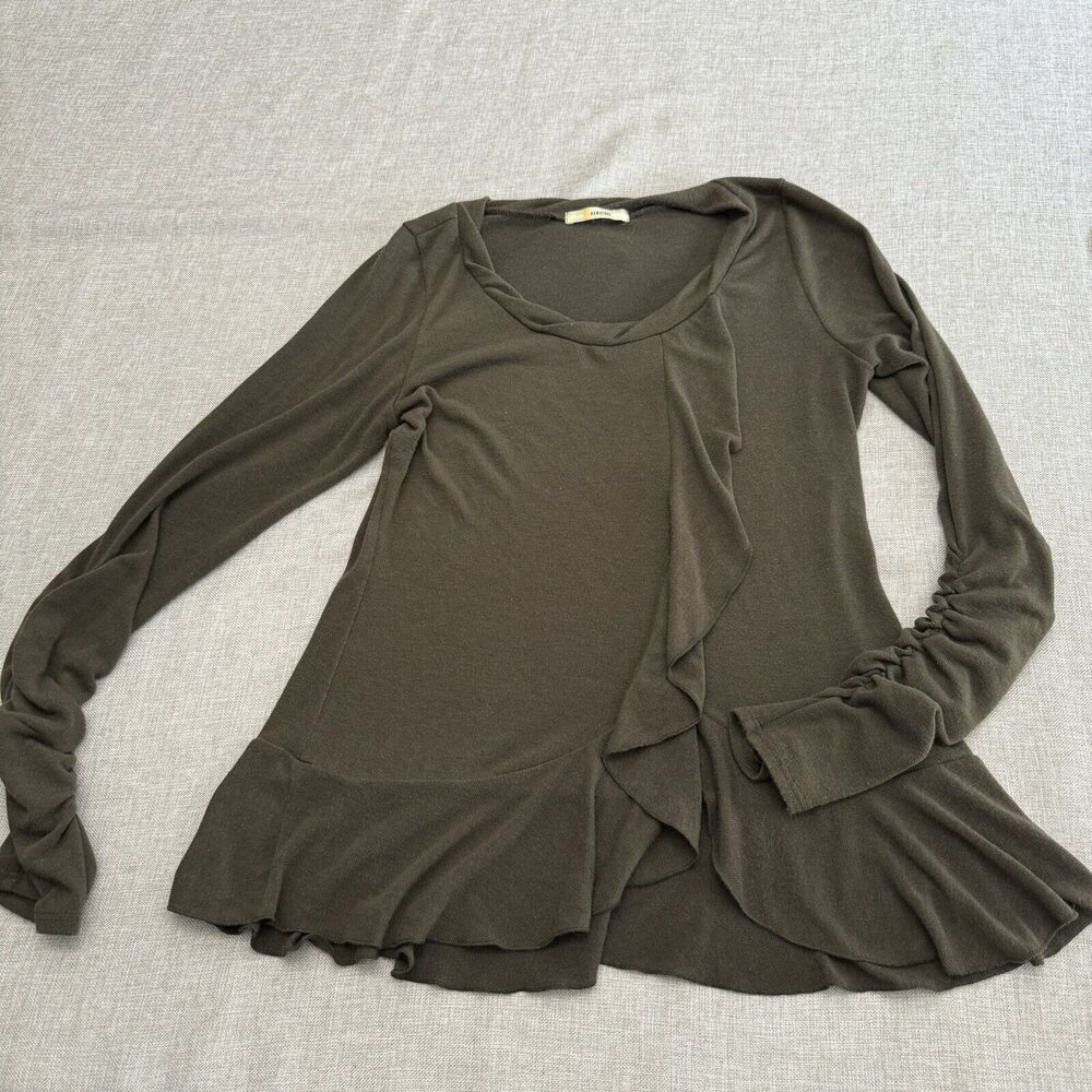 Gemstone Sz‎ L Women Light Knit Olive Boho Lagenlook Ruffle Sweater USA